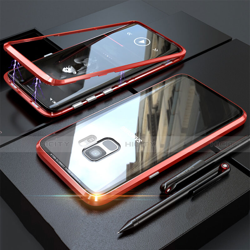 Samsung Galaxy S9用ケース 高級感 手触り良い アルミメタル 製の金属製 360度 フルカバーバンパー 鏡面 カバー M05 サムスン レッド