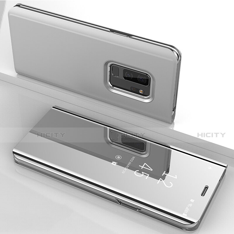 Samsung Galaxy S9 Plus用手帳型 レザーケース スタンド 鏡面 カバー サムスン シルバー