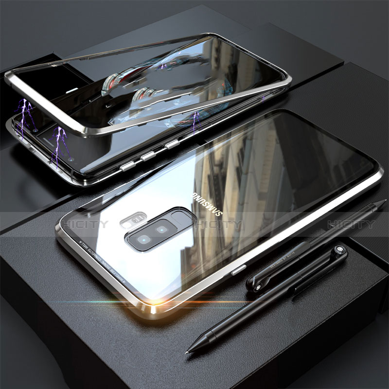 Samsung Galaxy S9 Plus用ケース 高級感 手触り良い アルミメタル 製の金属製 360度 フルカバーバンパー 鏡面 カバー M04 サムスン シルバー