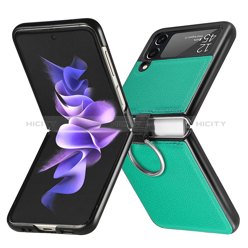 Samsung Galaxy Z Flip3 5G用ハイブリットバンパーケース 高級感 手触り良いレザー柄 兼プラスチック サムスン グリーン