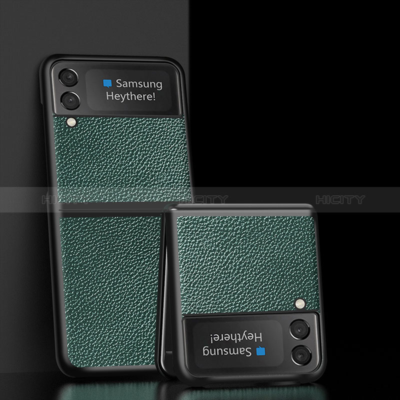 Samsung Galaxy Z Flip3 5G用ハイブリットバンパーケース 高級感 手触り良いレザー柄 兼プラスチック S05 サムスン グリーン