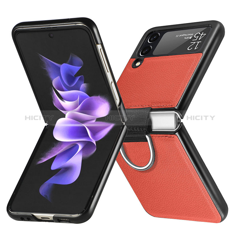 Samsung Galaxy Z Flip3 5G用ハイブリットバンパーケース 高級感 手触り良いレザー柄 兼プラスチック L06 サムスン オレンジ