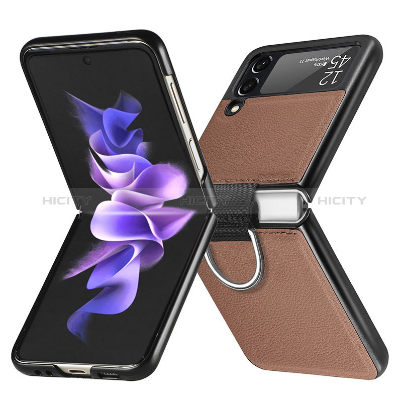 Samsung Galaxy Z Flip3 5G用ハイブリットバンパーケース 高級感 手触り良いレザー柄 兼プラスチック L06 サムスン ブラウン