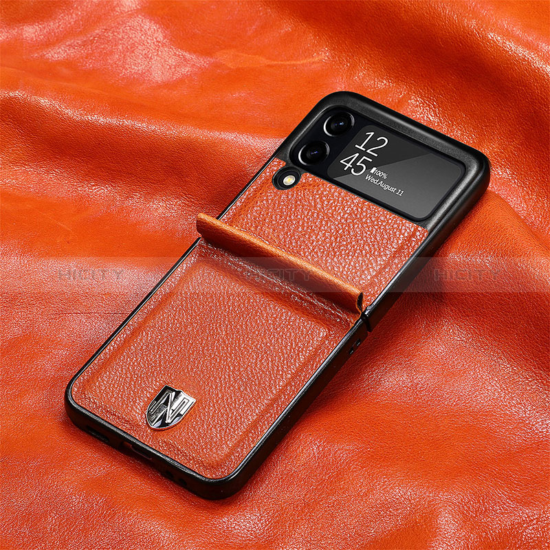 Samsung Galaxy Z Flip3 5G用ハイブリットバンパーケース 高級感 手触り良いレザー柄 兼プラスチック L08 サムスン オレンジ