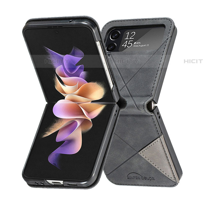 Samsung Galaxy Z Flip4 5G用ハイブリットバンパーケース 高級感 手触り良いレザー柄 兼プラスチック サムスン ブラック