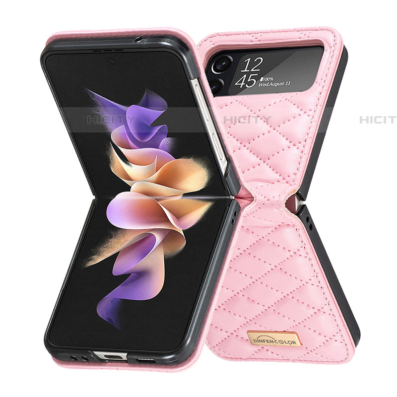 Samsung Galaxy Z Flip4 5G用ハイブリットバンパーケース 高級感 手触り良いレザー柄 兼プラスチック S02 サムスン ローズゴールド