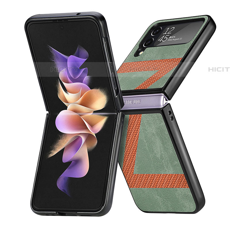 Samsung Galaxy Z Flip4 5G用ハイブリットバンパーケース 高級感 手触り良いレザー柄 兼プラスチック S05 サムスン グリーン