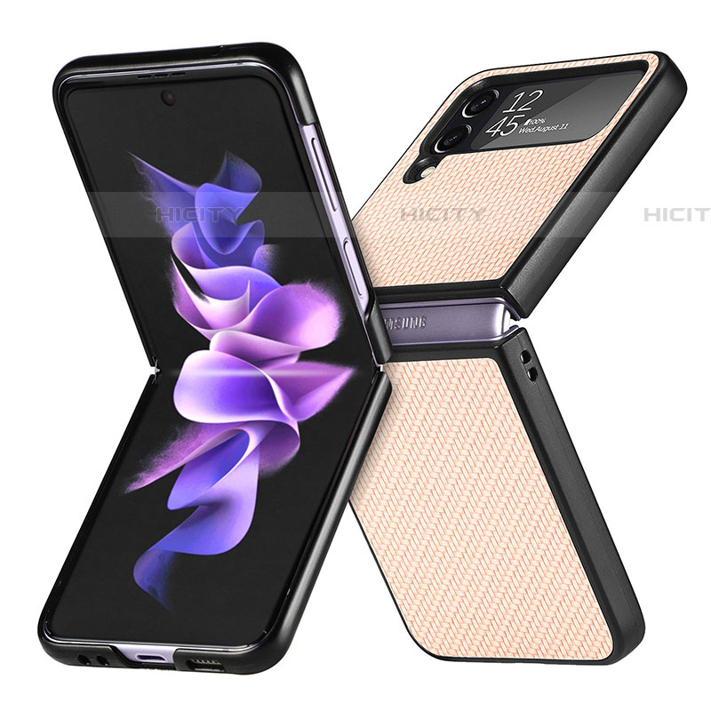 Samsung Galaxy Z Flip4 5G用ハイブリットバンパーケース 高級感 手触り良いレザー柄 兼プラスチック H02 サムスン ゴールド