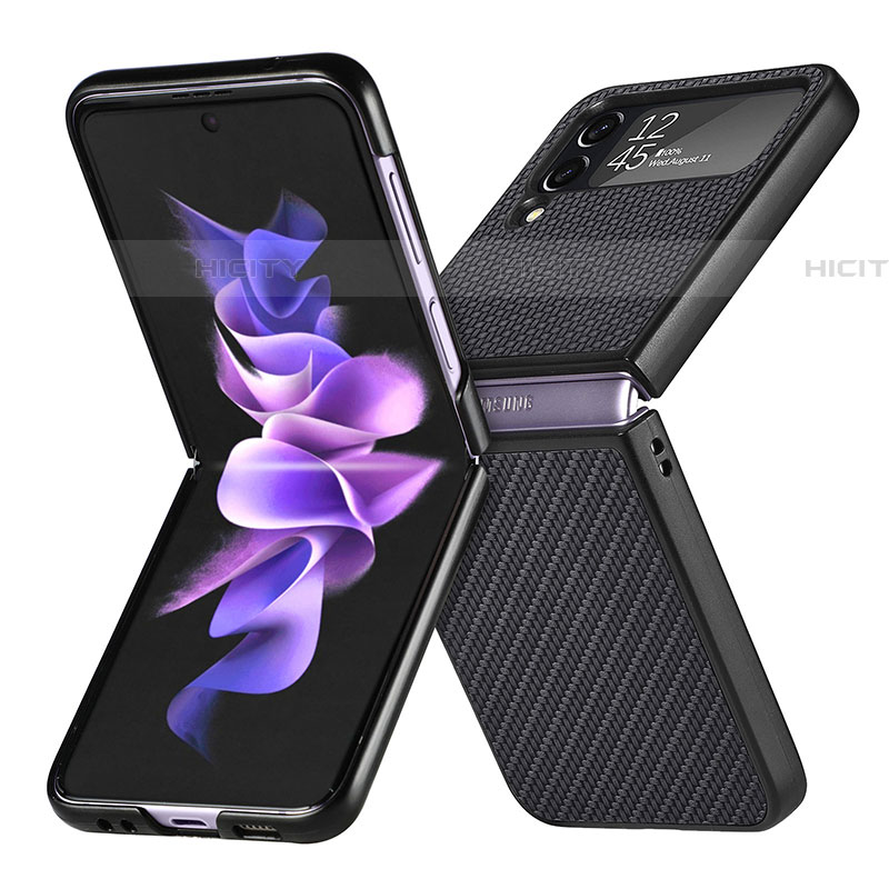Samsung Galaxy Z Flip4 5G用ハイブリットバンパーケース 高級感 手触り良いレザー柄 兼プラスチック H02 サムスン ブラック
