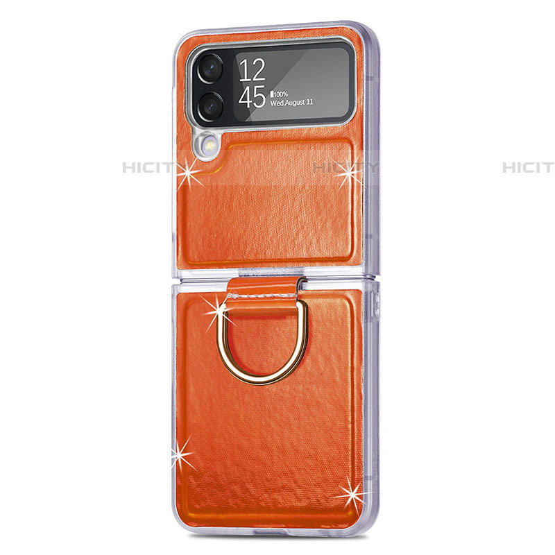 Samsung Galaxy Z Flip4 5G用ハイブリットバンパーケース 高級感 手触り良いレザー柄 兼プラスチック H08 サムスン オレンジ