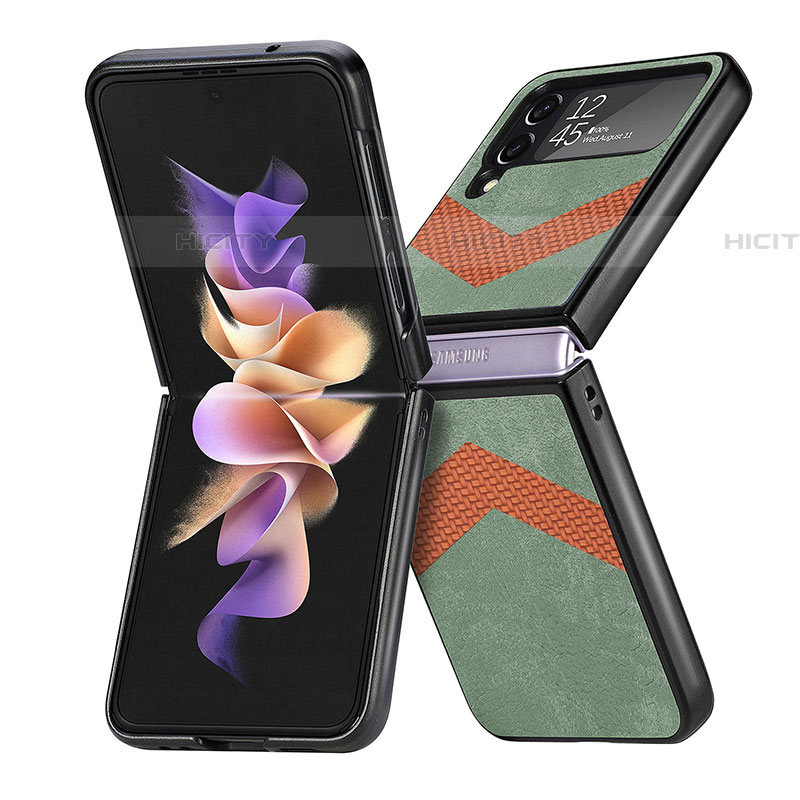 Samsung Galaxy Z Flip4 5G用ハイブリットバンパーケース 高級感 手触り良いレザー柄 兼プラスチック R03 サムスン グリーン