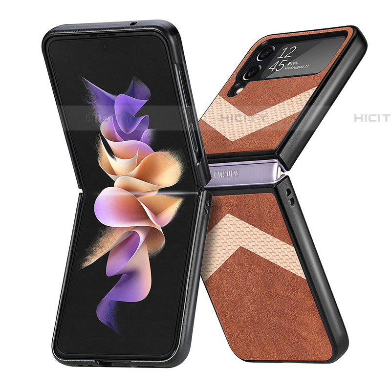 Samsung Galaxy Z Flip4 5G用ハイブリットバンパーケース 高級感 手触り良いレザー柄 兼プラスチック R03 サムスン ブラウン