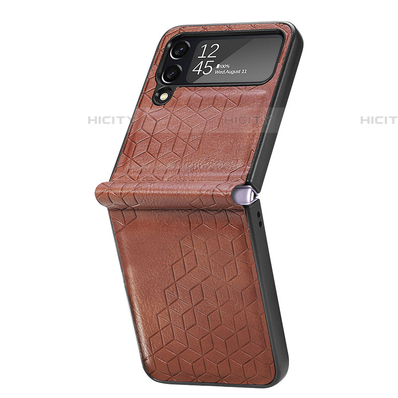 Samsung Galaxy Z Flip4 5G用ハイブリットバンパーケース 高級感 手触り良いレザー柄 兼プラスチック R04 サムスン ブラウン