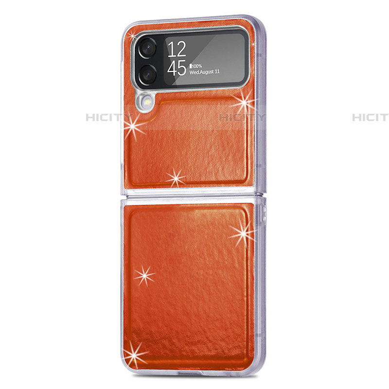 Samsung Galaxy Z Flip4 5G用ハイブリットバンパーケース 高級感 手触り良いレザー柄 兼プラスチック R08 サムスン オレンジ