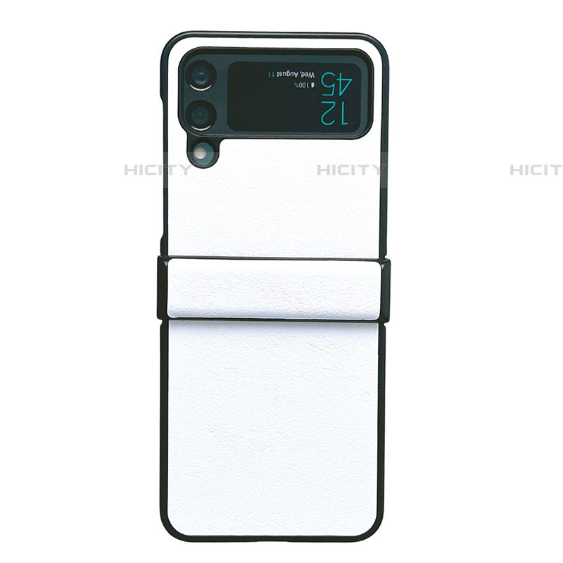 Samsung Galaxy Z Flip4 5G用ハイブリットバンパーケース 高級感 手触り良いレザー柄 兼プラスチック C08 サムスン ホワイト