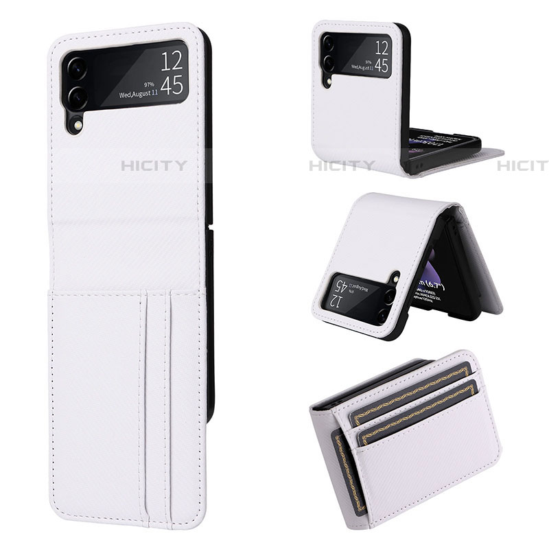 Samsung Galaxy Z Flip4 5G用ハイブリットバンパーケース 高級感 手触り良いレザー柄 兼プラスチック T01 サムスン ホワイト