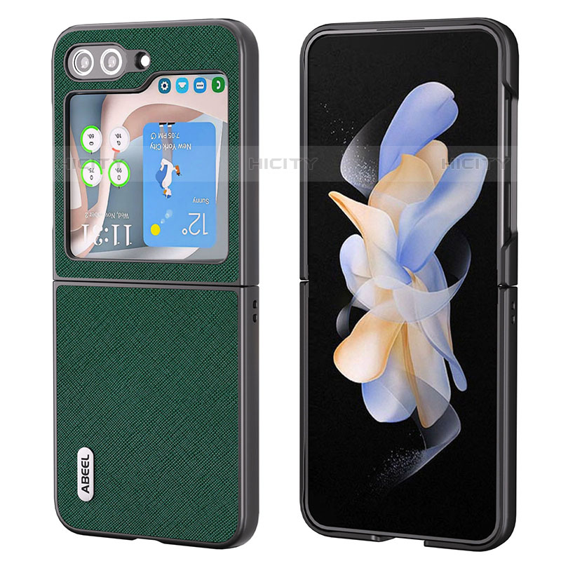 Samsung Galaxy Z Flip5 5G用ハイブリットバンパーケース 高級感 手触り良いレザー柄 兼プラスチック BH9 サムスン グリーン
