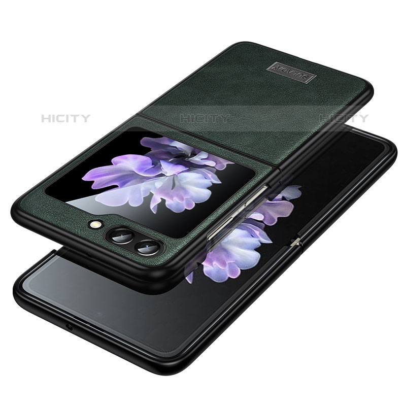 Samsung Galaxy Z Flip5 5G用ハイブリットバンパーケース 高級感 手触り良いレザー柄 兼プラスチック LD2 サムスン グリーン