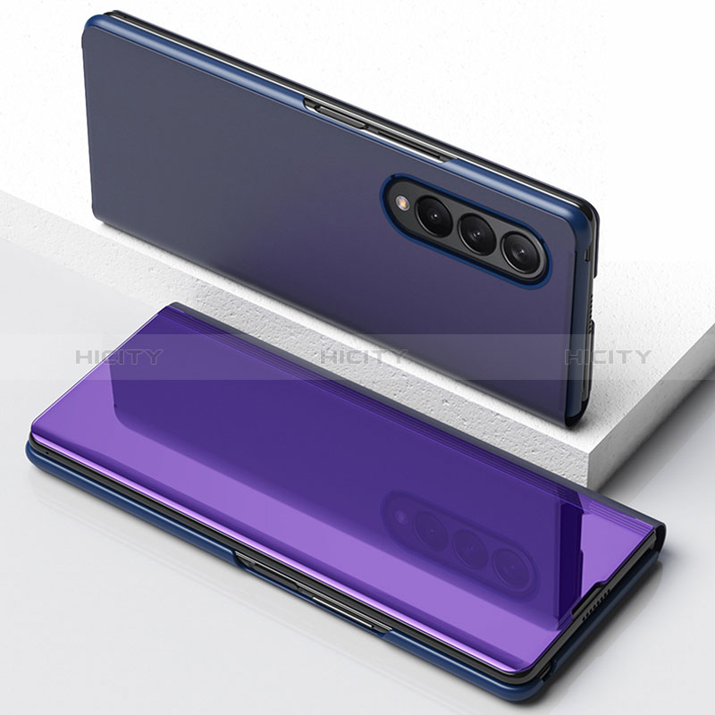 Samsung Galaxy Z Fold3 5G用手帳型 レザーケース スタンド 鏡面 カバー サムスン パープル