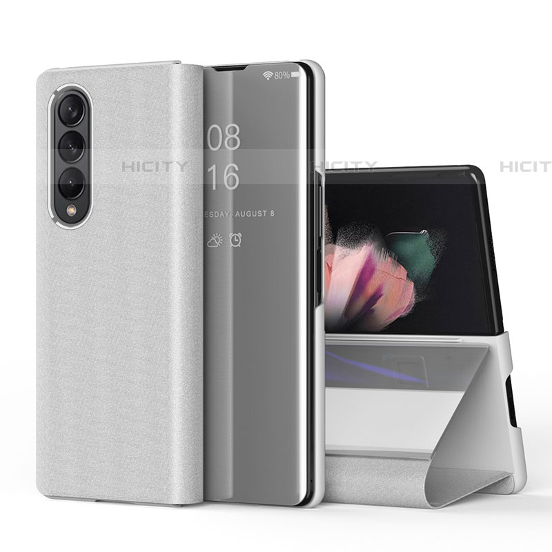 Samsung Galaxy Z Fold4 5G用手帳型 レザーケース スタンド 鏡面 カバー L01 サムスン シルバー