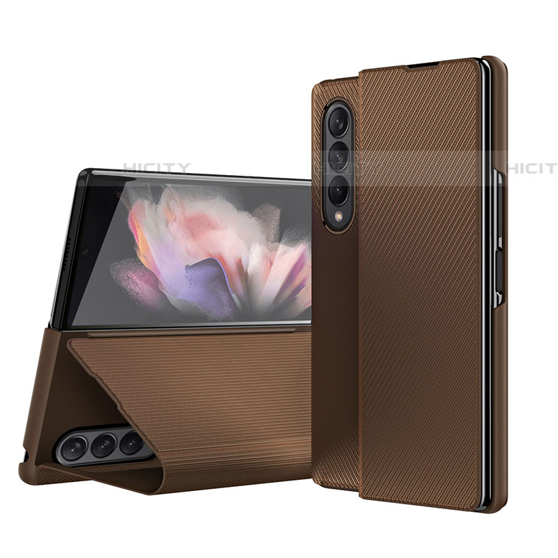 Samsung Galaxy Z Fold4 5G用ハイブリットバンパーケース 高級感 手触り良いレザー柄 兼プラスチック H01 サムスン ブラウン