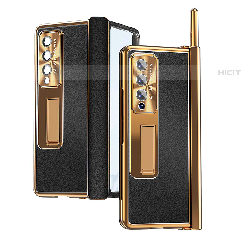 Samsung Galaxy Z Fold4 5G用ハイブリットバンパーケース 高級感 手触り良いレザー柄 兼プラスチック C09 サムスン ゴールド・ブラック