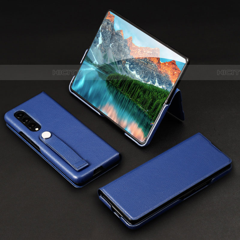 Samsung Galaxy Z Fold4 5G用ハイブリットバンパーケース 高級感 手触り良いレザー柄 兼プラスチック T02 サムスン ネイビー