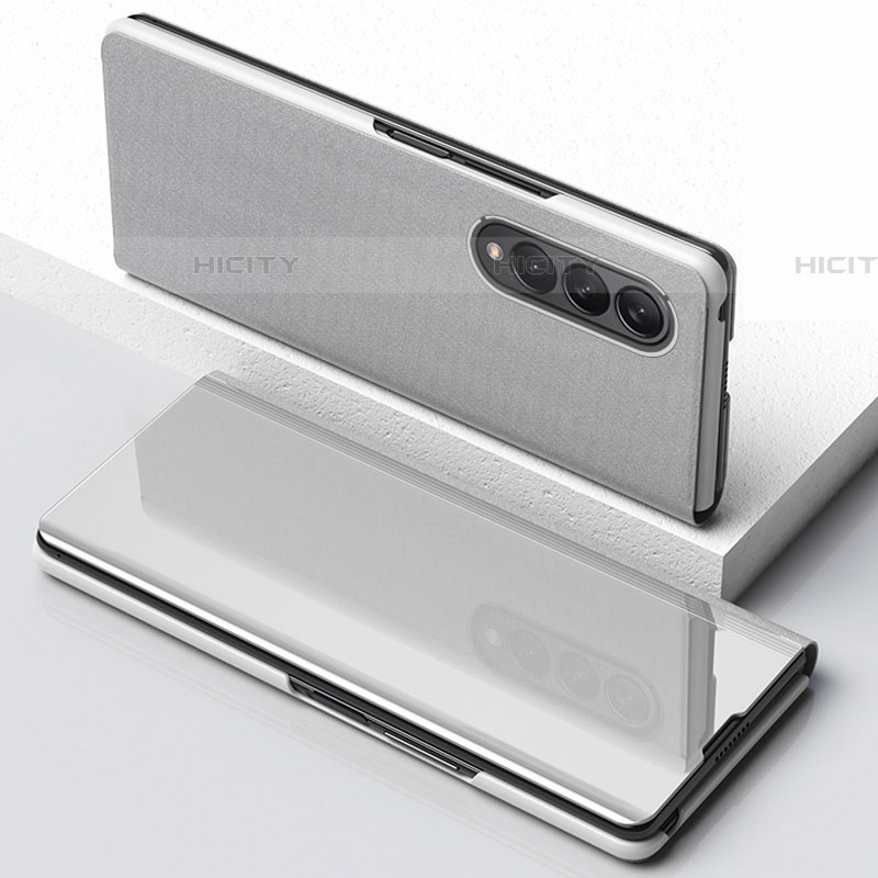 Samsung Galaxy Z Fold4 5G用手帳型 レザーケース スタンド 鏡面 カバー サムスン シルバー