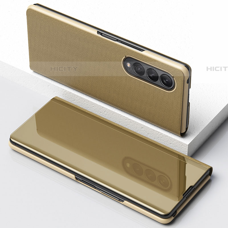 Samsung Galaxy Z Fold4 5G用手帳型 レザーケース スタンド 鏡面 カバー サムスン ゴールド