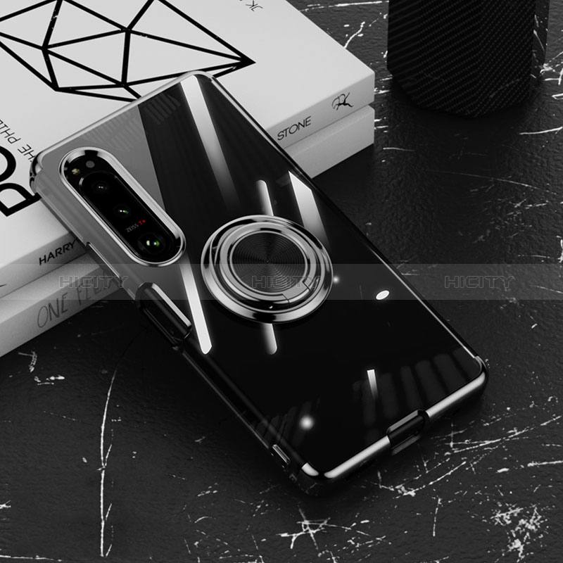Sony Xperia 10 IV用極薄ソフトケース シリコンケース 耐衝撃 全面保護 クリア透明 アンド指輪 マグネット式 ソニー ブラック