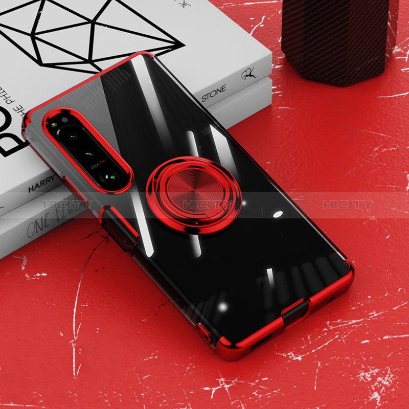 Sony Xperia 10 V用極薄ソフトケース シリコンケース 耐衝撃 全面保護 クリア透明 アンド指輪 マグネット式 ソニー レッド