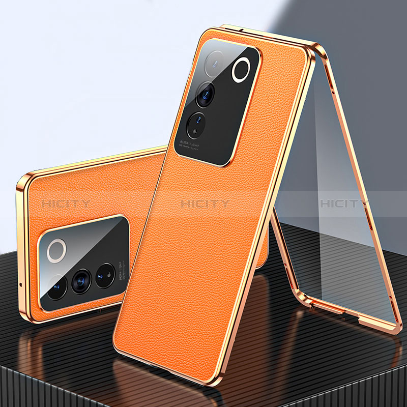 Vivo V27 5G用360度 フルカバー ケース 高級感 手触り良い アルミメタル 製の金属製 と レザー Vivo オレンジ