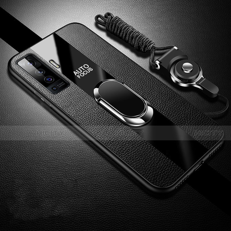 Vivo X50 5G用シリコンケース ソフトタッチラバー レザー柄 アンド指輪 マグネット式 S04 Vivo ブラック