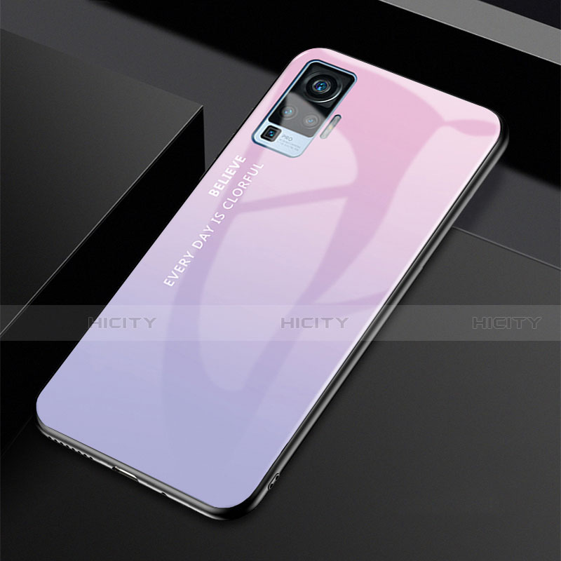 Vivo X50 Pro 5G用ハイブリットバンパーケース プラスチック 鏡面 虹 グラデーション 勾配色 カバー Vivo ピンク