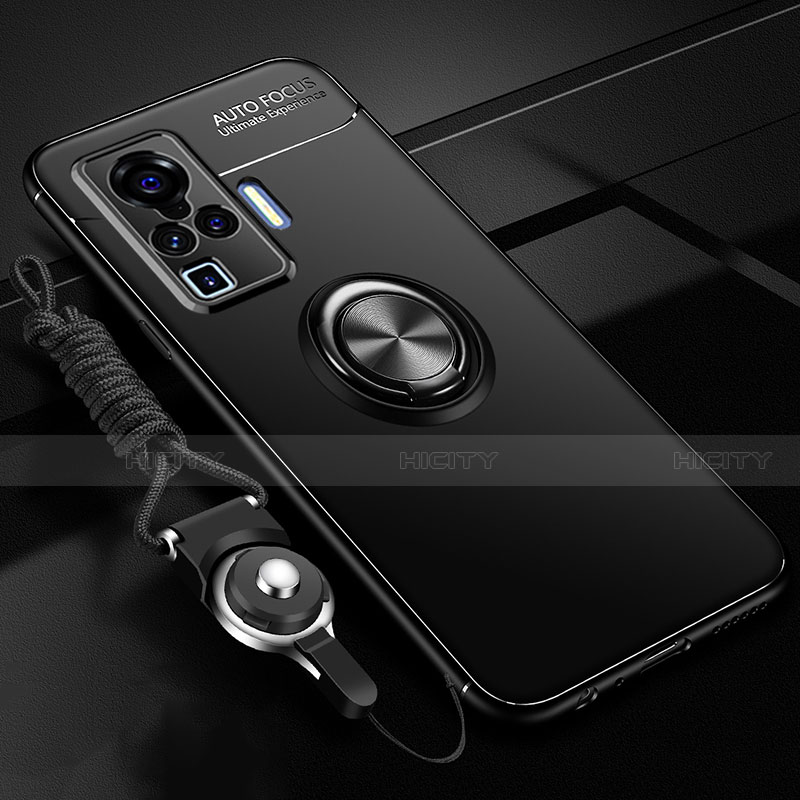 Vivo X50 Pro 5G用極薄ソフトケース シリコンケース 耐衝撃 全面保護 アンド指輪 マグネット式 バンパー Vivo ブラック