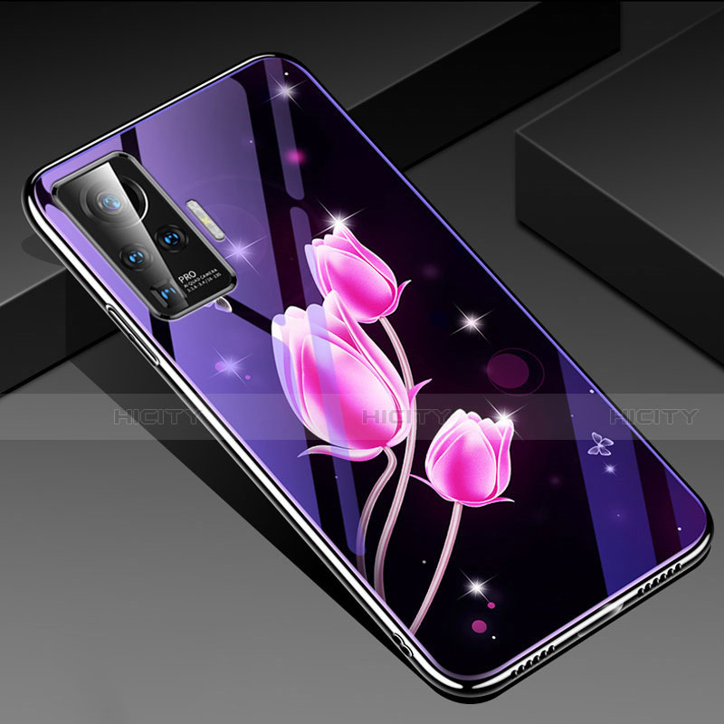 Vivo X50 Pro 5G用ハイブリットバンパーケース プラスチック 鏡面 花 カバー Vivo ピンク