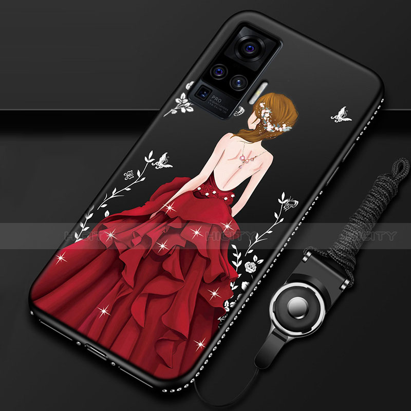Vivo X51 5G用シリコンケース ソフトタッチラバー バタフライ ドレスガール ドレス少女 カバー Vivo レッド・ブラック