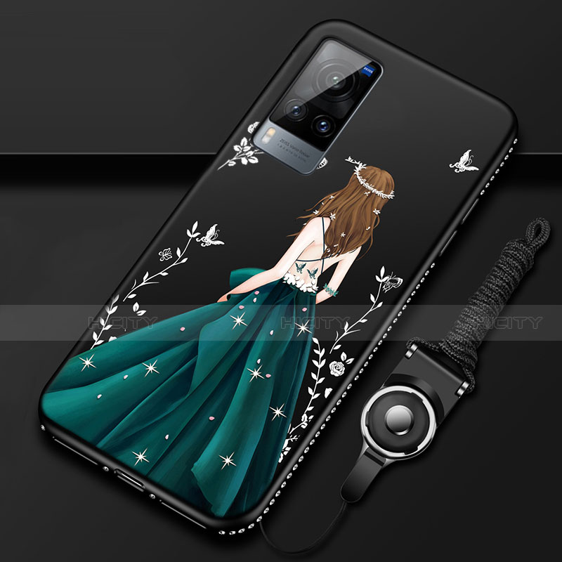 Vivo X60 5G用シリコンケース ソフトタッチラバー バタフライ ドレスガール ドレス少女 カバー Vivo ブラック