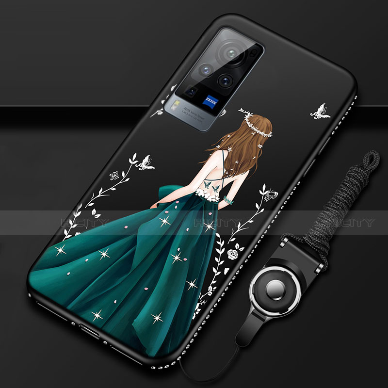 Vivo X60 Pro 5G用シリコンケース ソフトタッチラバー バタフライ ドレスガール ドレス少女 カバー Vivo ブラック