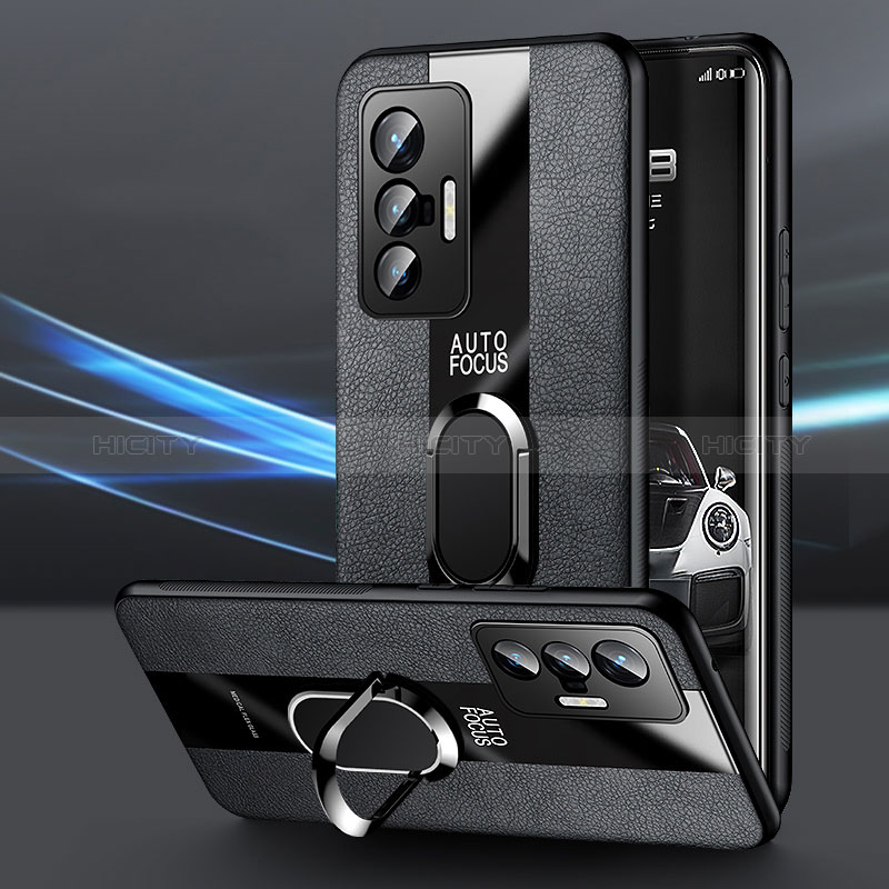 Vivo X70 5G用シリコンケース ソフトタッチラバー レザー柄 アンド指輪 マグネット式 PB1 Vivo ブラック