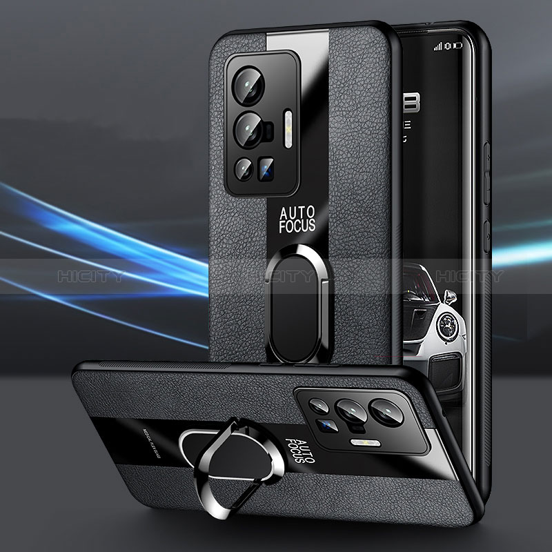 Vivo X70 Pro 5G用シリコンケース ソフトタッチラバー レザー柄 アンド指輪 マグネット式 PB1 Vivo ブラック