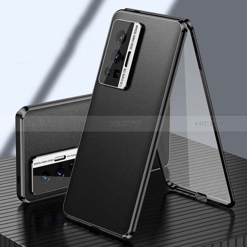 Vivo X70 Pro 5G用360度 フルカバー ケース 高級感 手触り良い アルミメタル 製の金属製 と レザー Vivo ブラック