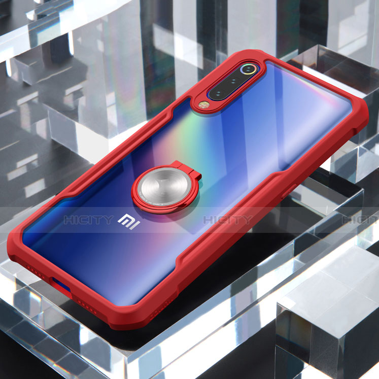 Xiaomi Mi 9 Lite用360度 フルカバーハイブリットバンパーケース クリア透明 プラスチック 鏡面 アンド指輪 マグネット式 Xiaomi レッド