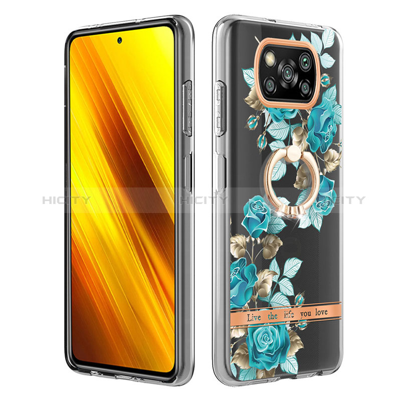 Xiaomi Poco X3 NFC用シリコンケース ソフトタッチラバー バタフライ パターン カバー アンド指輪 Y06B Xiaomi シアン